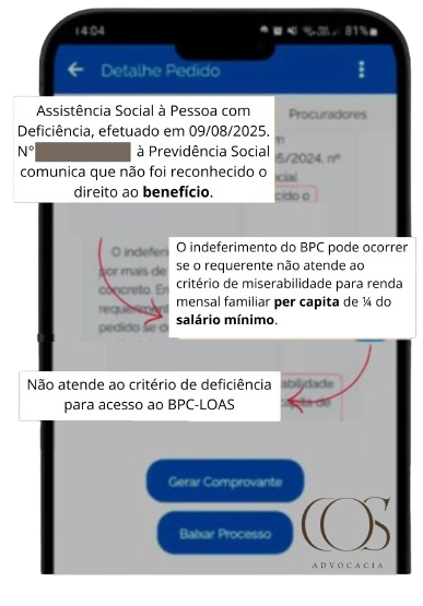 Aplicativo INSS mostrando negativa de BPC