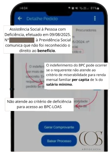 Aplicativo INSS mostrando negativa de BPC